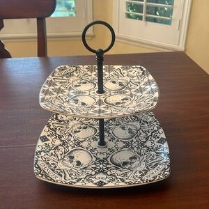 222 Fifth Halloween Skulls Cross Bones Ceramic 2 Tier Serving Display/Tray Plate